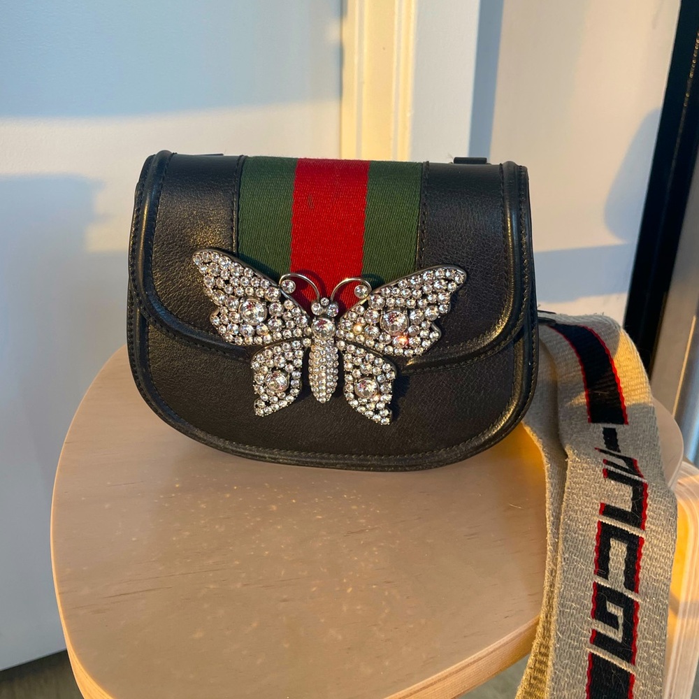 Gucci Leather Crystal Butterfly Linea Totem Crossbody Bag